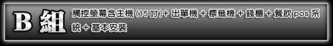 B組：觸控螢幕(15吋)+熱感標籤機+錢櫃+餐飲pos系統+基本安裝